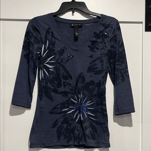 INC International Concepts Navy Floral Long Sleeve Top